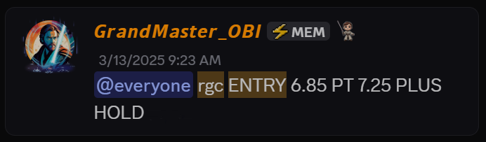 RGC stock alert at $6.85 entry inside the Making Easy Money Discord