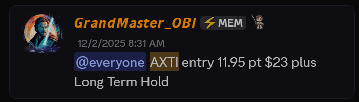 AXTI stock alert inside the Making Easy Money Discord showing an $11.95 entry and $23 price target for AXT Inc
