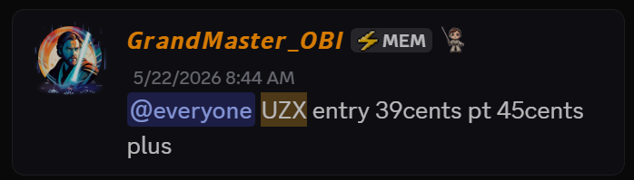UZX stock alert inside the Making Easy Money Discord showing a 39 cent entry and 45 cent plus target for Linkage Global