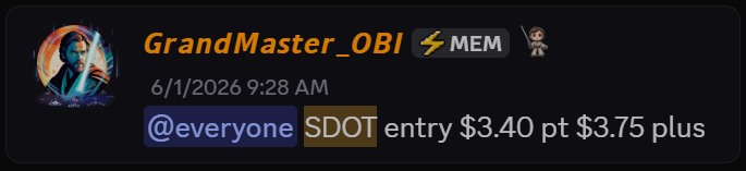 Grandmaster-OBI SDOT stock alert inside the Making Easy Money Discord showing a $3.40 entry for Sadot Group