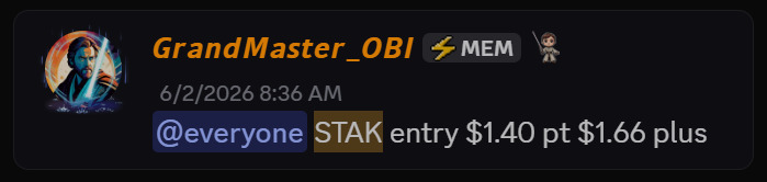 Grandmaster-OBI STAK stock alert inside the Making Easy Money Discord showing a $1.40 entry and $1.66 plus price target
